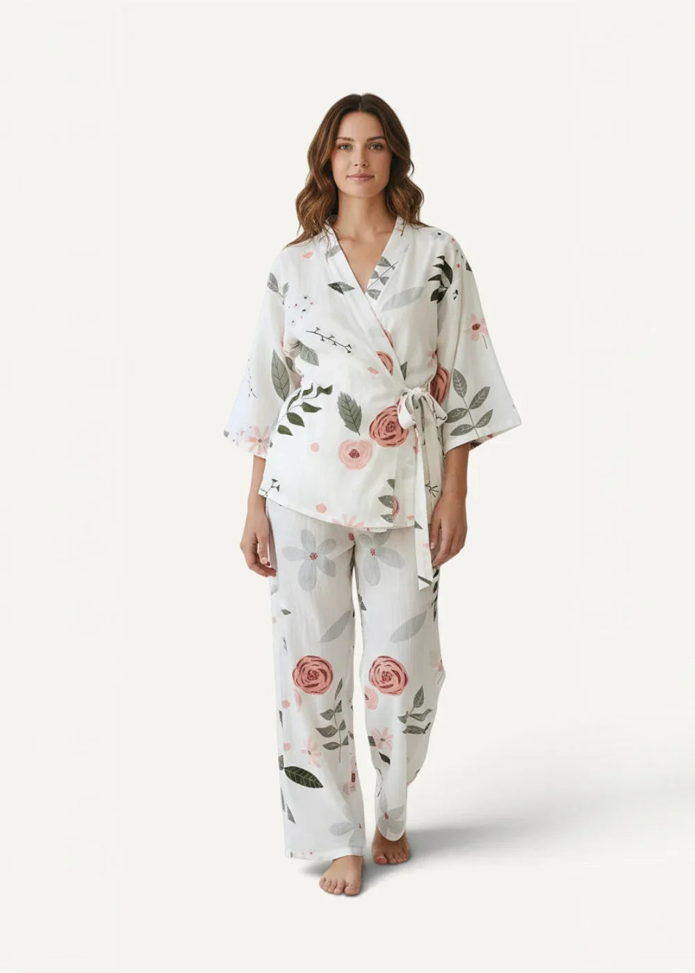 White cotton kimono pajamas with soft flowing fabric and delicate pink roses accented by green leaves