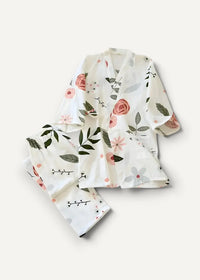 White cotton kimono pajamas with a delicate floral pattern of pink roses green leaves and subtle gray accents