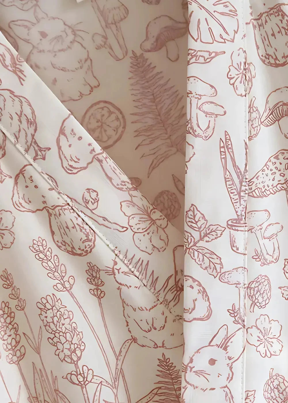 Cream cotton kimono robe short with delicate hand-drawn rabbits mushrooms and botanical pattern in rosewood ink