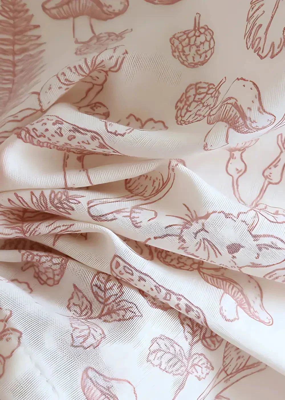 Cream-colored cotton kimono robe short with delicate hand-drawn mushroom acorn and leaf pattern in rosewood brown