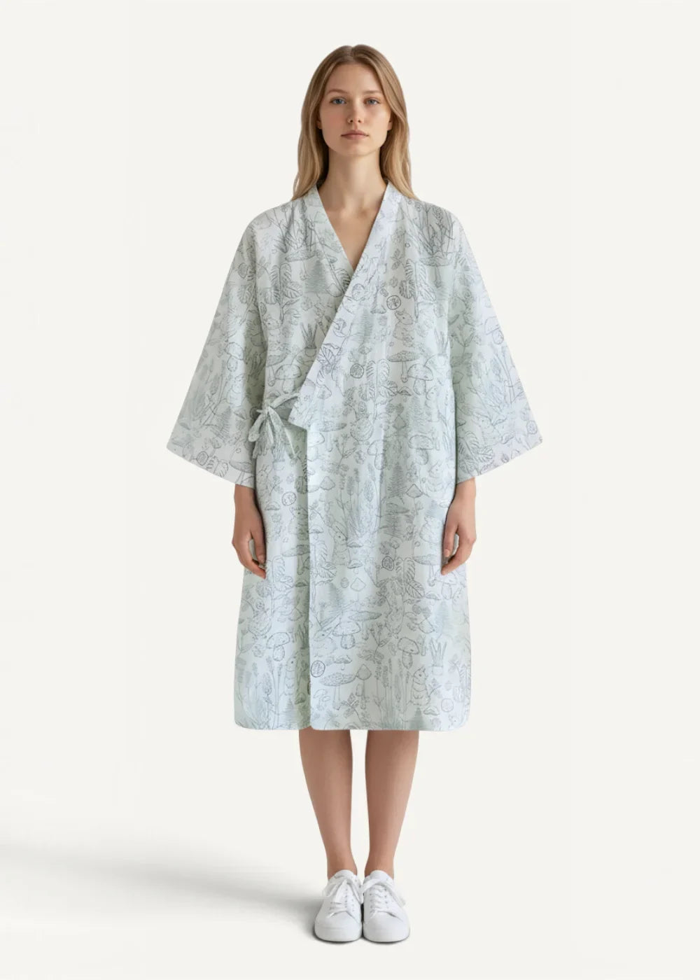 Cotton kimono robe women in light blue with long sleeves delicate line drawing pattern and matching tie belt