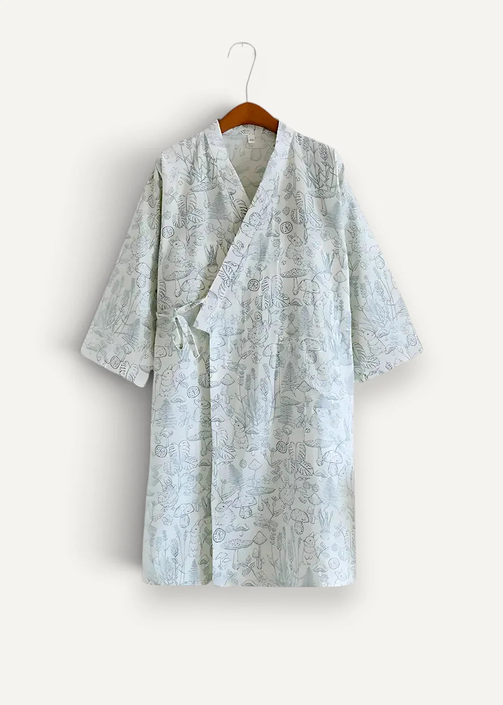 Light blue cotton kimono robe for women with short sleeves and delicate mushroom and plant line drawings