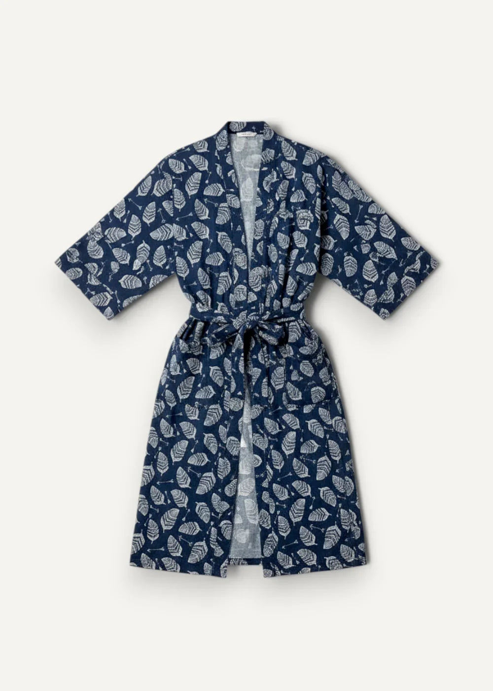 Cotton men’s kimono robe in navy blue with white leaf pattern short sleeves and tied waist front view