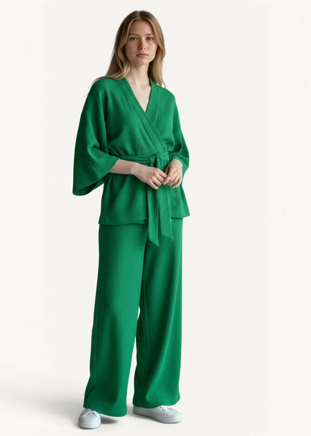 Emerald green cotton women’s kimono pajamas with ribbed knit wrap top and matching wide-leg pants in relaxed silhouette