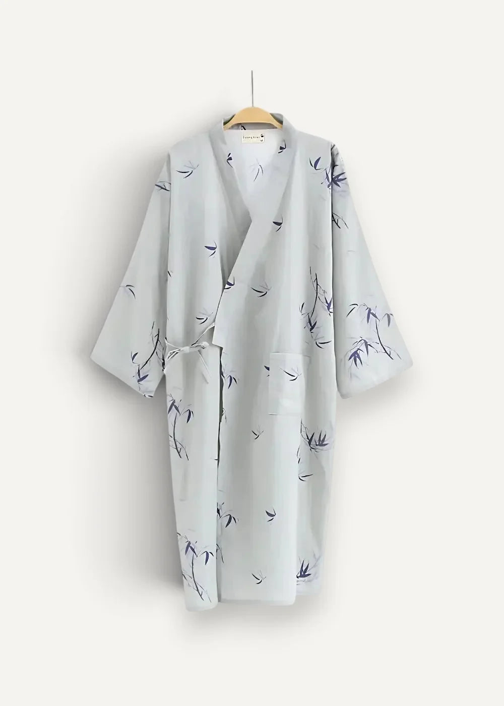 Light blue silk robe with delicate black bamboo leaf pattern featured in a cotton yukata collection
