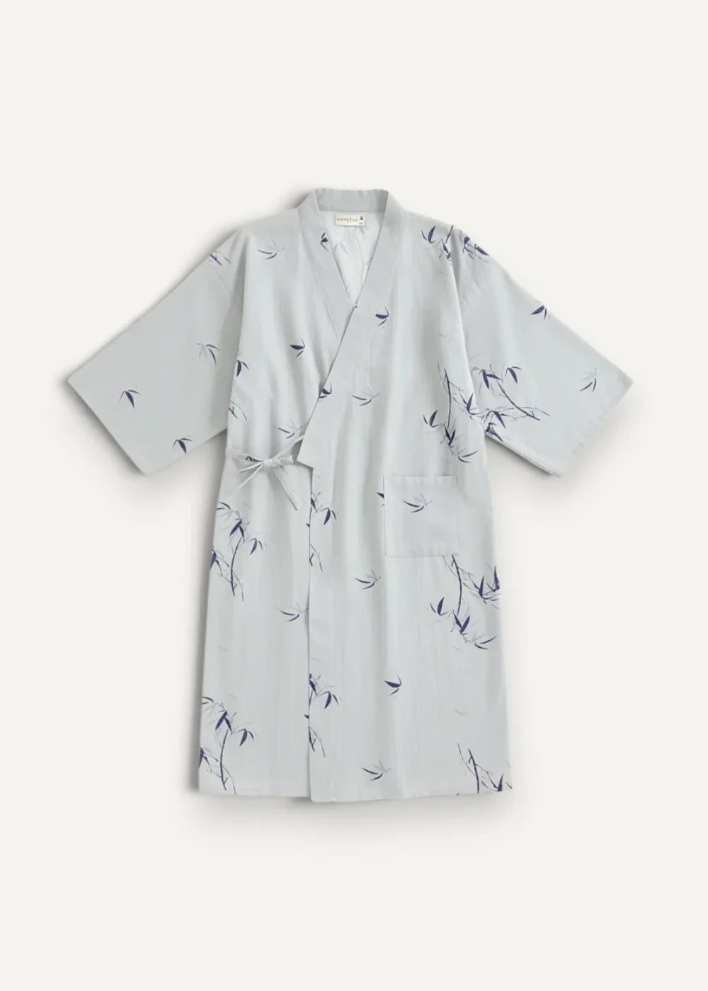 A light gray cotton yukata kimono-style robe with black bamboo leaf pattern wide sleeves and front tie closure