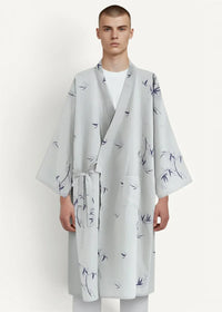 Light gray cotton yukata robe with black bamboo and dragonfly prints belted waist and wide sleeves