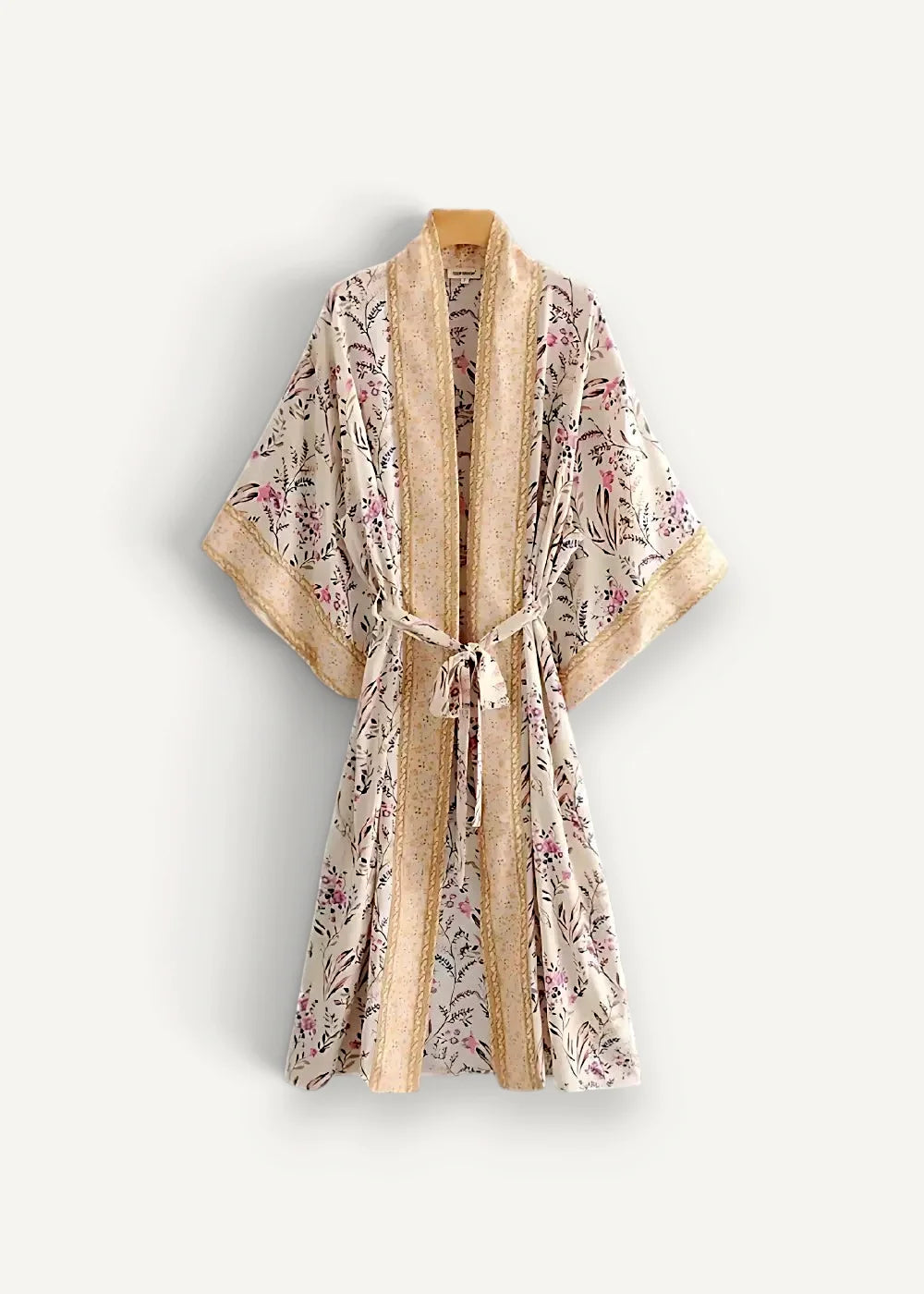 Cream kimono beige floral robe with gold-trimmed edges and matching tie belt made of delicate fabric