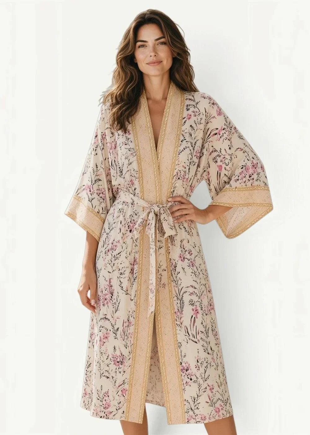 Cream kimono soft beige floral robe with pink and green blossoms, matching belt, and gold-toned trim along edges