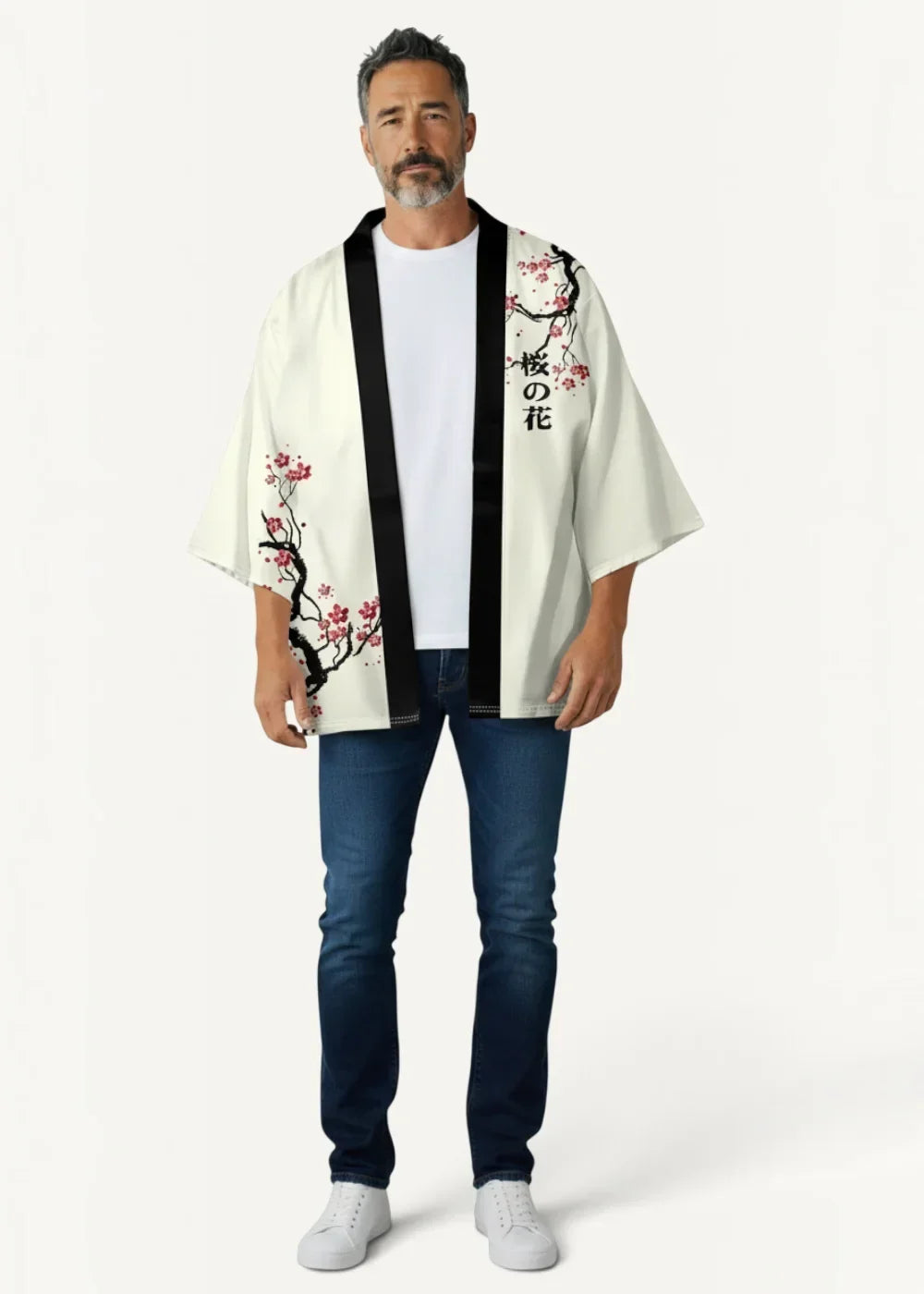 Cropped cream-colored kimono jacket with black trim and pink cherry blossom designs featuring japanese characters