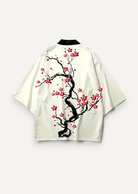 Cropped cream-colored kimono jacket with bold black ink brushstroke and vibrant red cherry blossom design