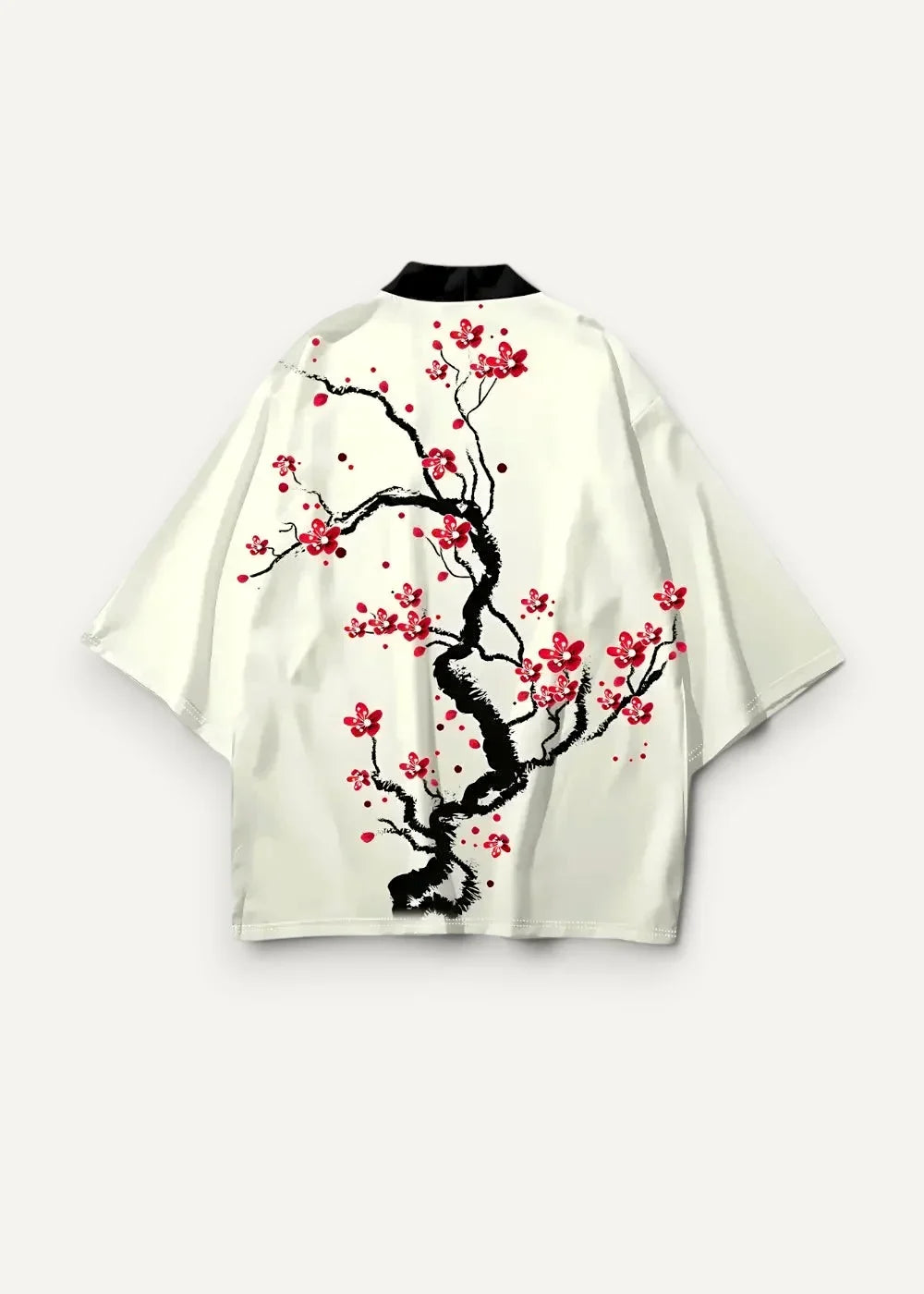 Cropped cream-colored kimono jacket with bold black ink brushstroke and vibrant red cherry blossom design