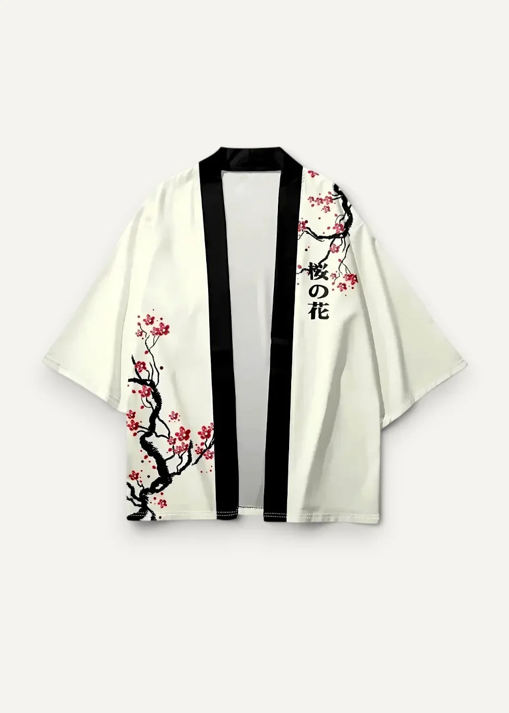 Cropped white kimono jacket with black trim and pink cherry blossom embroidery featuring japanese characters on sleeve