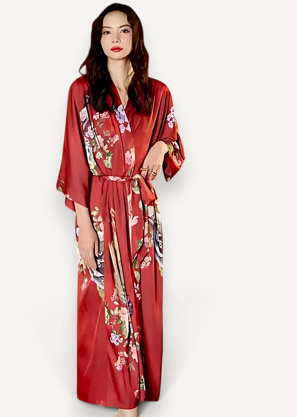Dark red kimono flowing satin robe with floral pastel pattern wide sleeves and matching belt