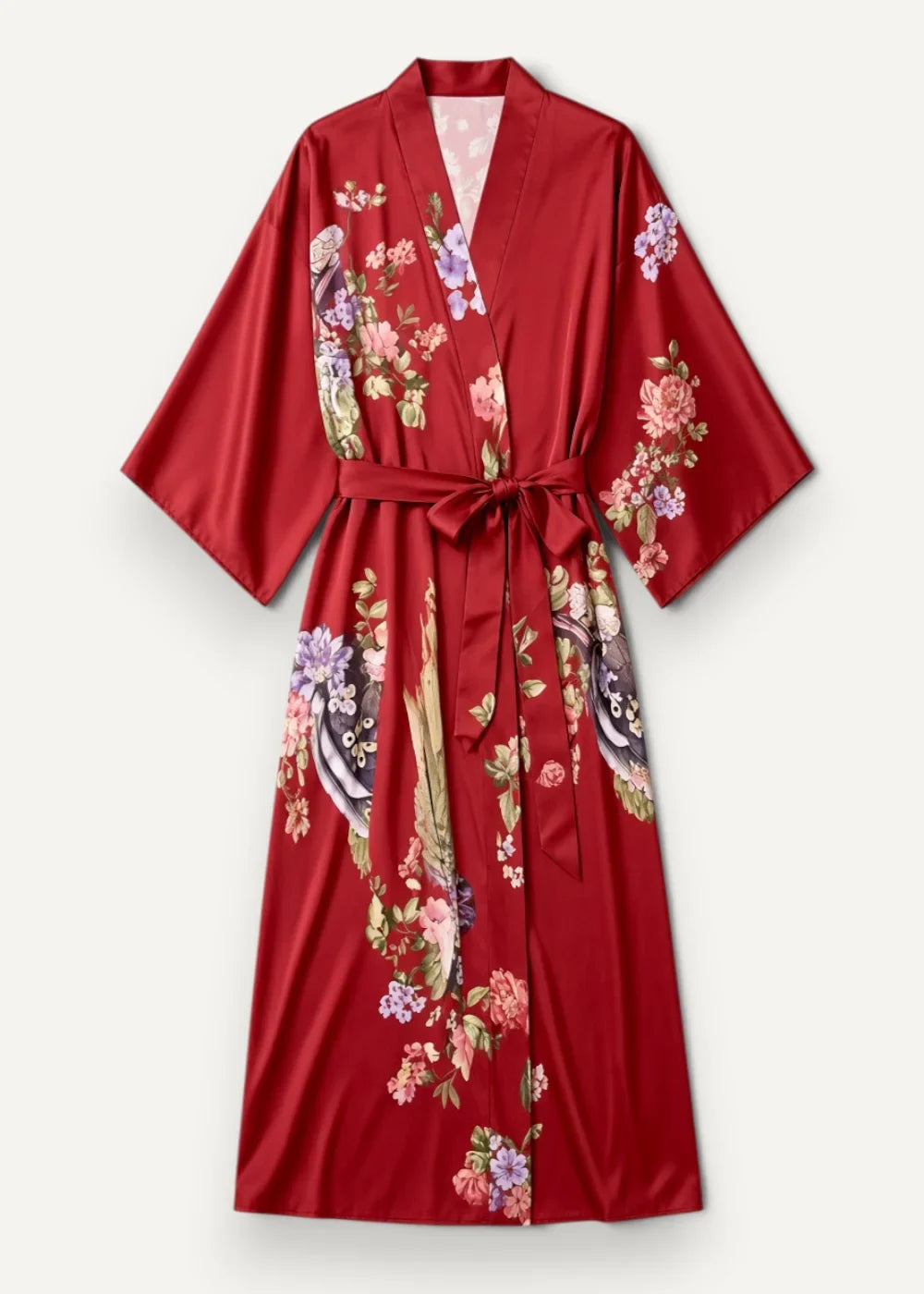 A dark red kimono satin robe with intricate floral and bird patterns and a matching belt tied at the waist