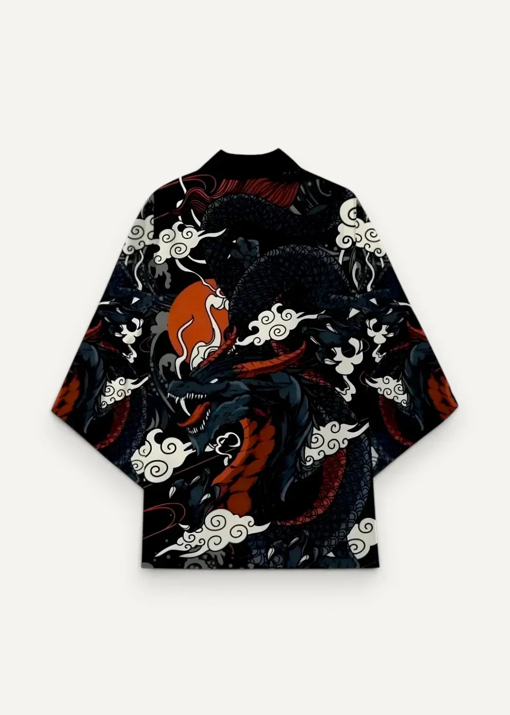 Black and red dragon kimono jacket with intricate white cloud patterns shown from the back side