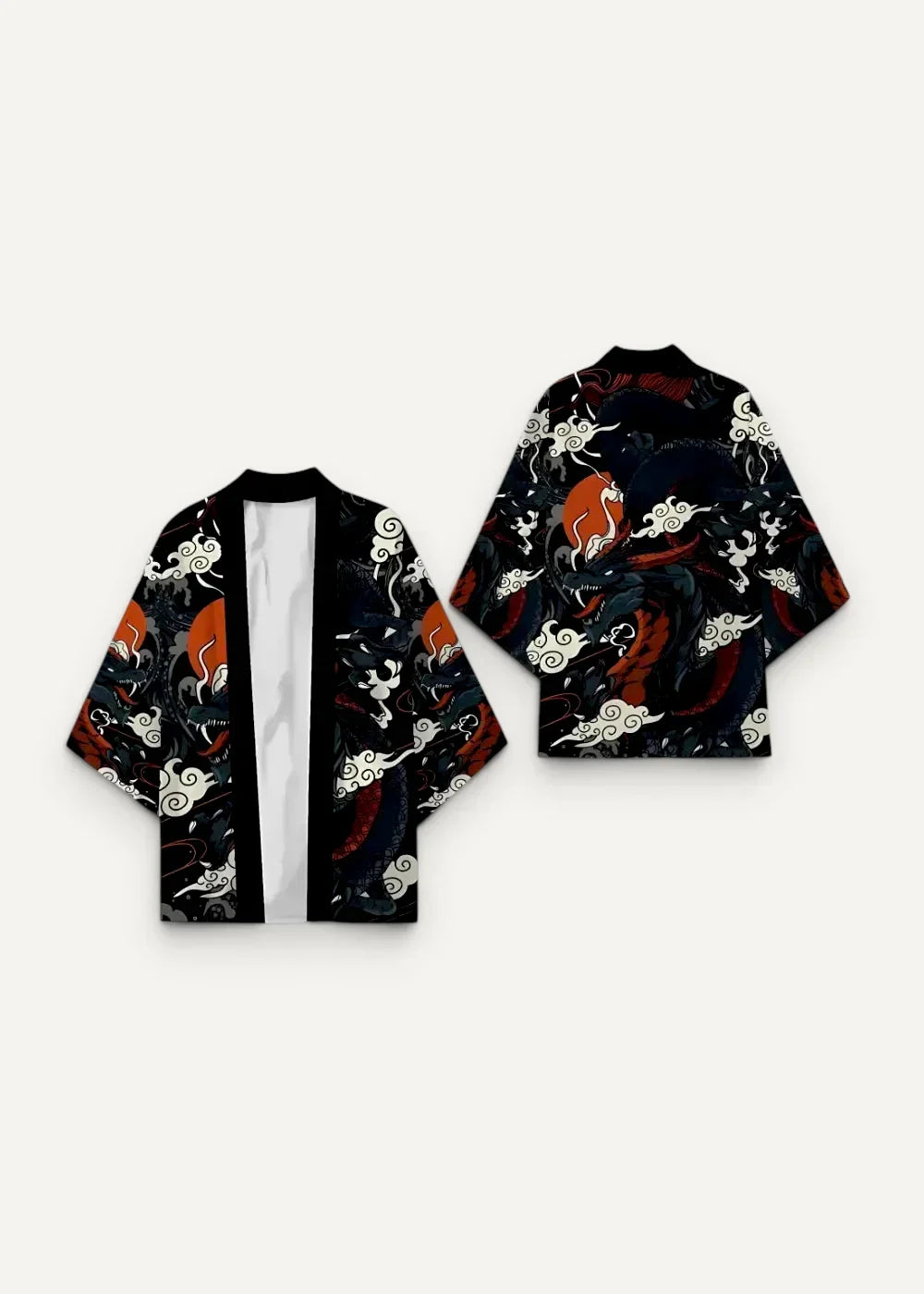 Black kimono jacket with vibrant orange and white dragon motifs on dark fabric perfect for stylish outerwear