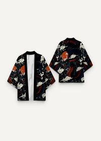 Black kimono jacket with vibrant orange and white dragon motifs on dark fabric perfect for stylish outerwear