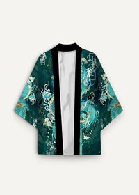 Dark teal and turquoise dragon kimono jacket with black trim featuring intricate dragon and floral designs