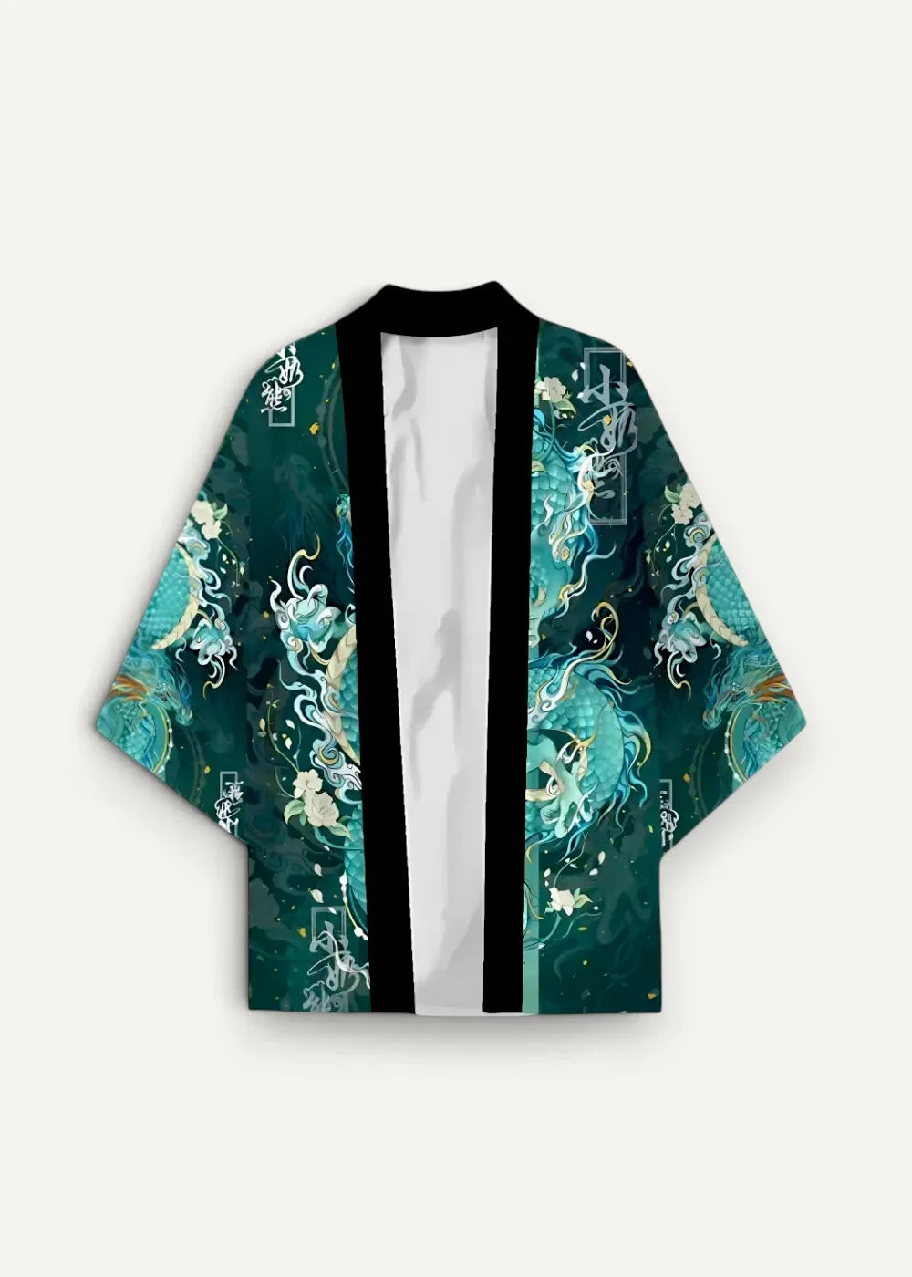 Dark teal and turquoise dragon kimono jacket with black trim featuring intricate dragon and floral designs
