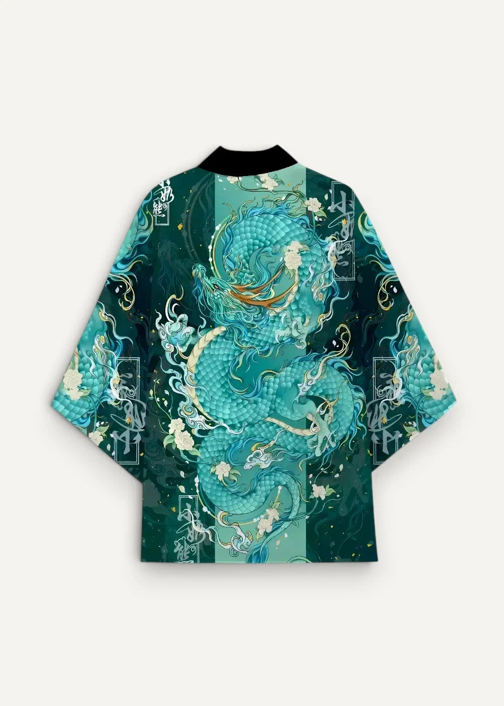 Dragon kimono jacket in teal and dark green with gold dragon design white flowers and vertical Chinese characters on sides