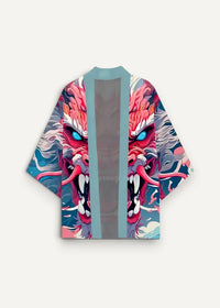 Dragon kimono jacket featuring a vibrant red and blue dragon design with glowing eyes and sharp teeth
