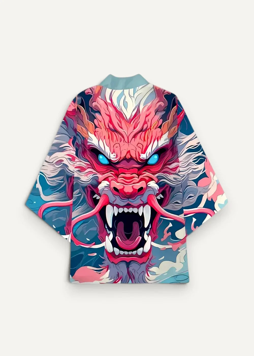Vibrant red and blue dragon kimono jacket with glowing eyes and detailed digital print on soft fabric front view