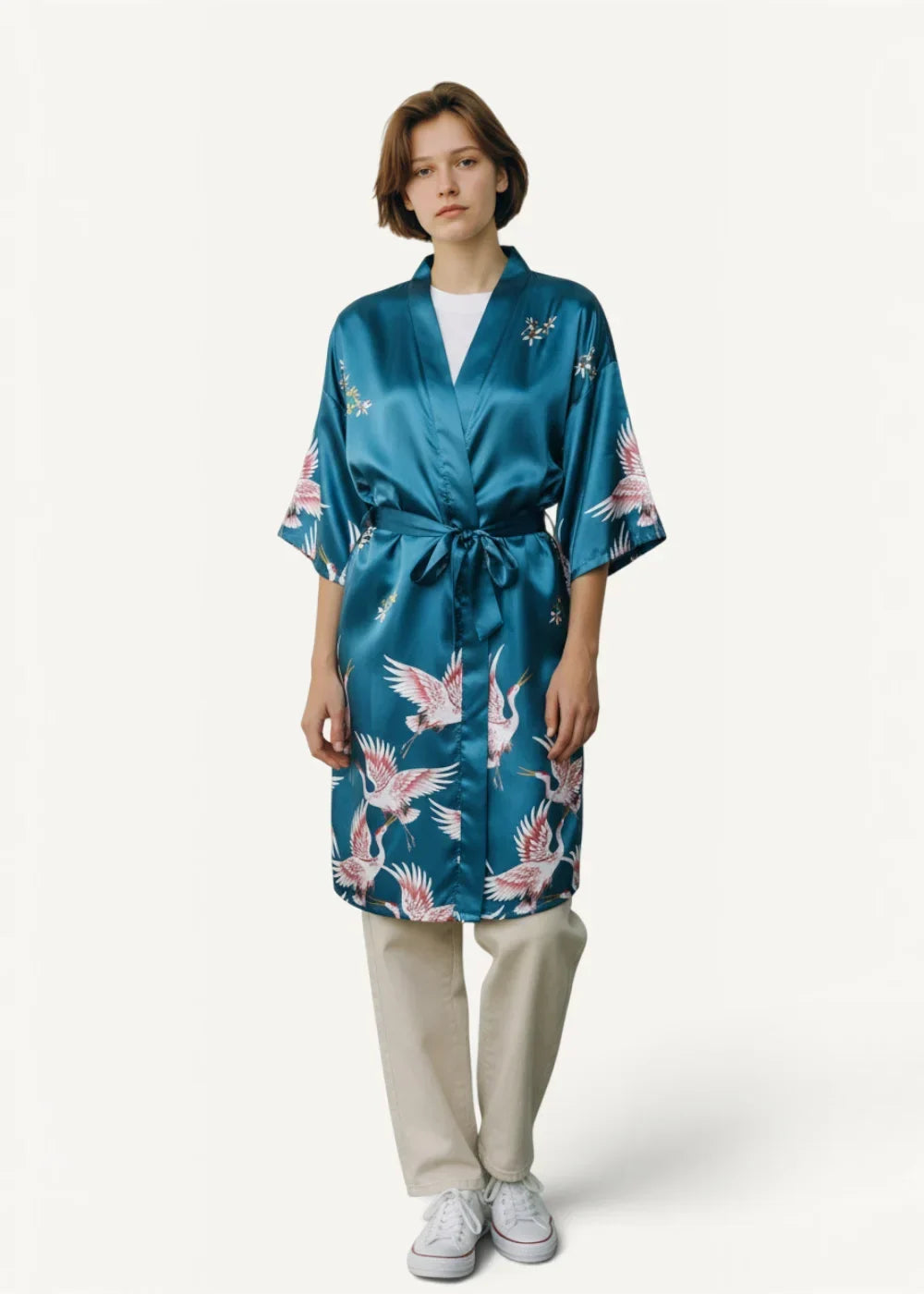 Teal satin dressing robe silk with pink and white crane embroidery ideal for luxurious loungewear