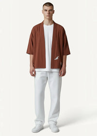 Brown short-sleeved embroidered haori jacket with open front and subtle bird detail on lower left side