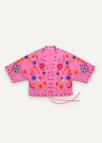 A vibrant pink embroidered kimono jacket with colorful floral and circular thread patterns in blue orange red and yellow