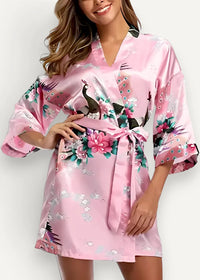 Female short kimono pink satin robe with v-neck three-quarter sleeves embroidered peacocks flowers and butterflies