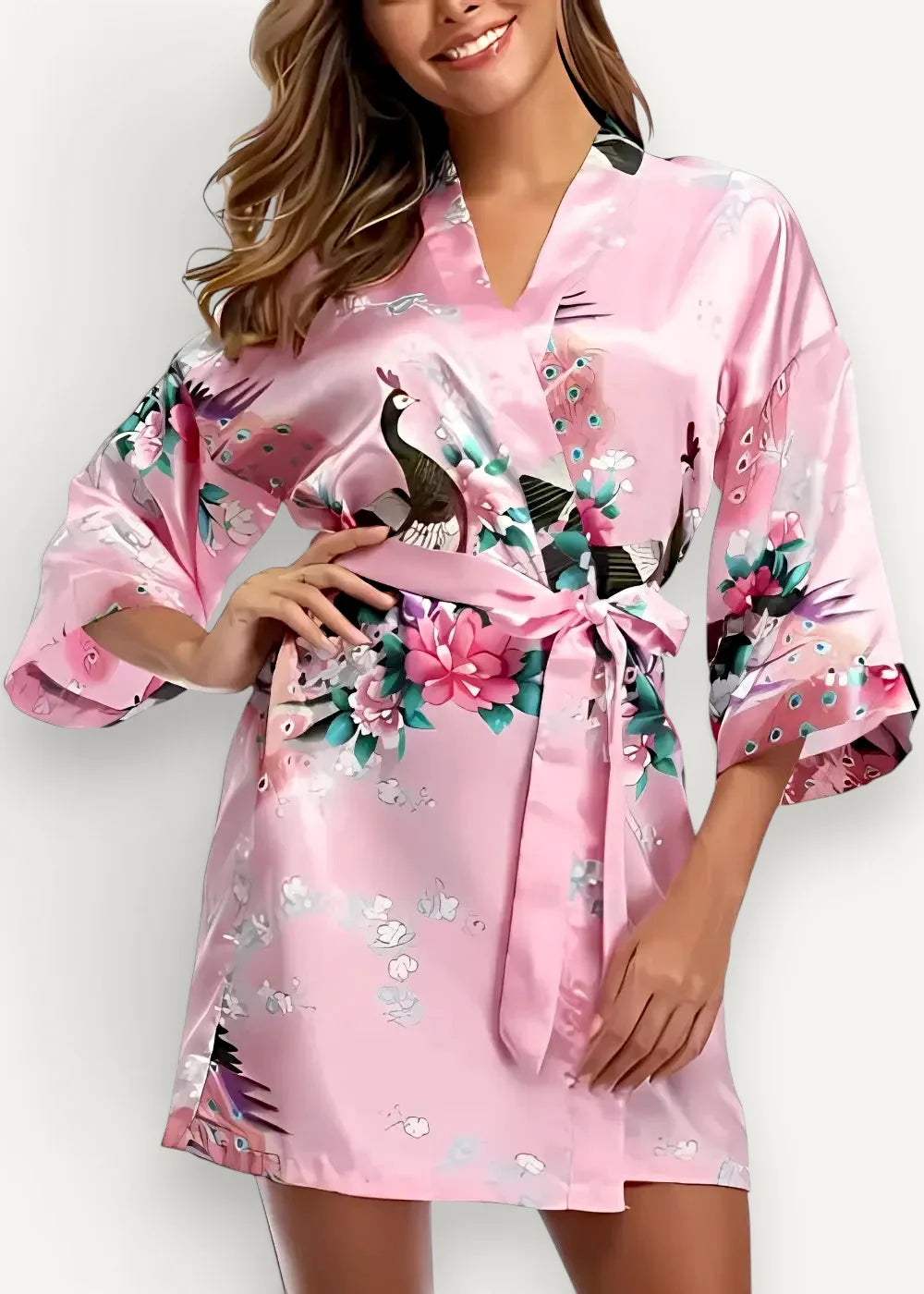 Female short kimono pink satin robe with v-neck three-quarter sleeves embroidered peacocks flowers and butterflies