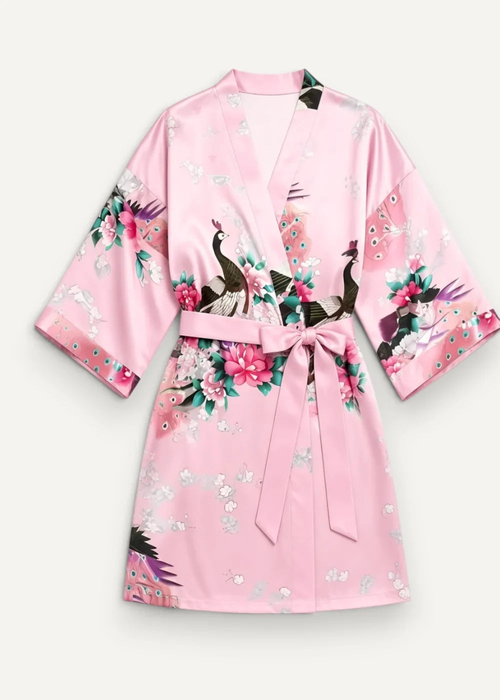 Female short kimono soft pink satin robe with delicate peacock and floral pattern and matching belt