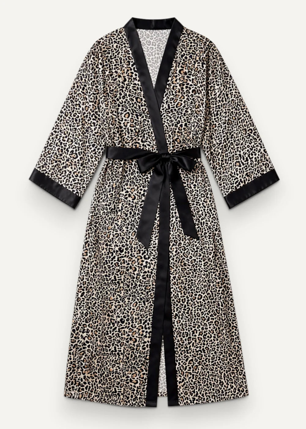 Floor length kimono robe with sleek leopard print black satin trim three quarter sleeves and matching belt wrap design