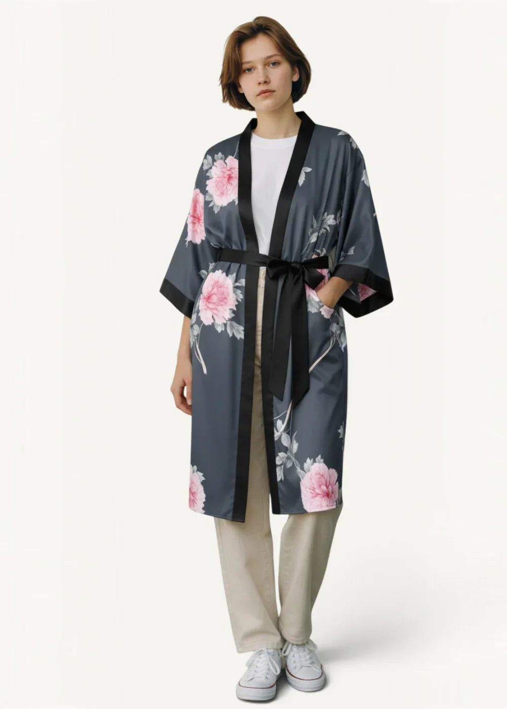 Floor length long satin robe in dark gray with pink peony prints black trim and matching belt tied at the waist