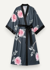 Floor length long satin robe in dark gray with pink peony floral pattern and black trim tied with black sash