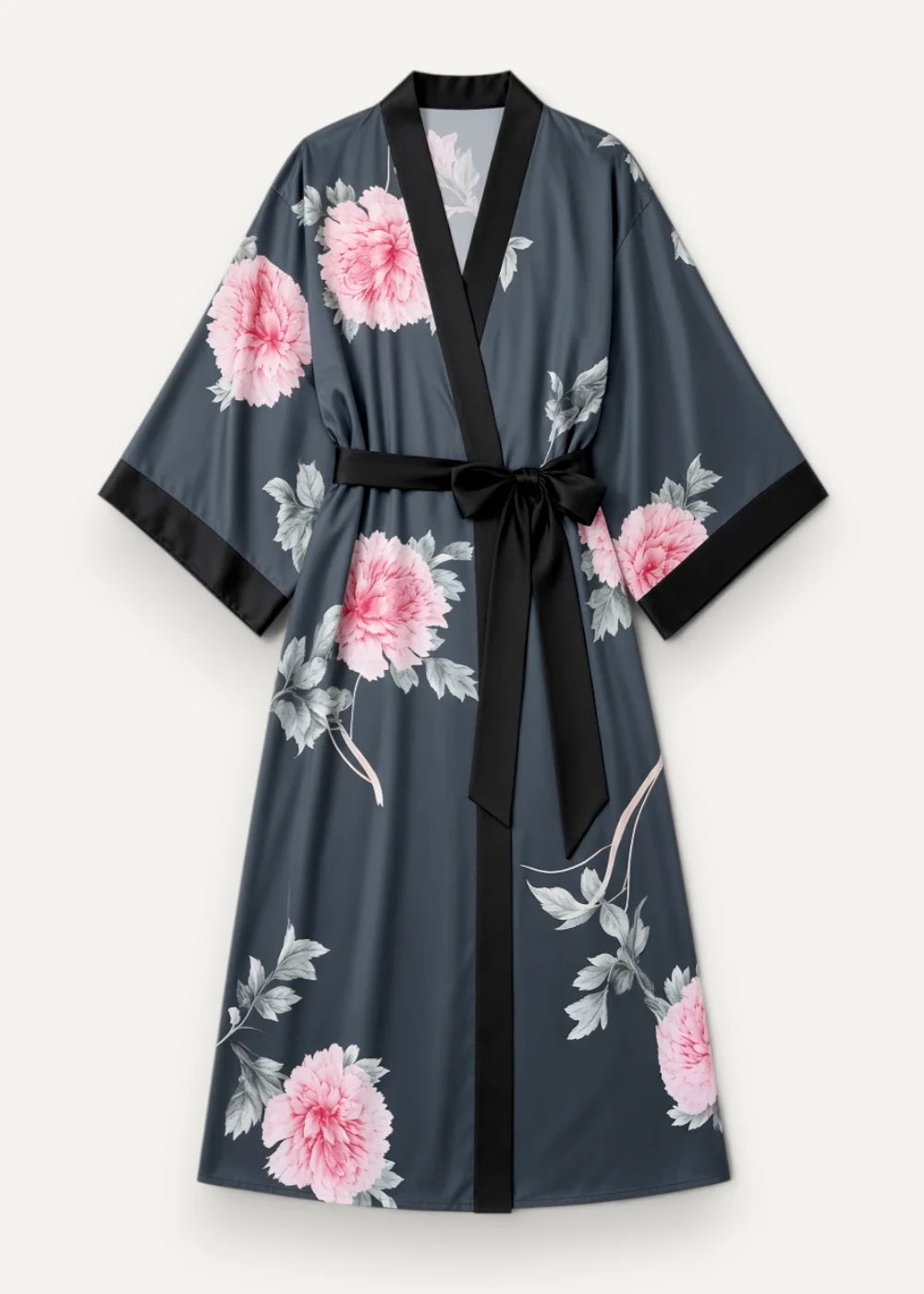 Floor length long satin robe in dark gray with pink peony floral pattern and black trim tied with black sash