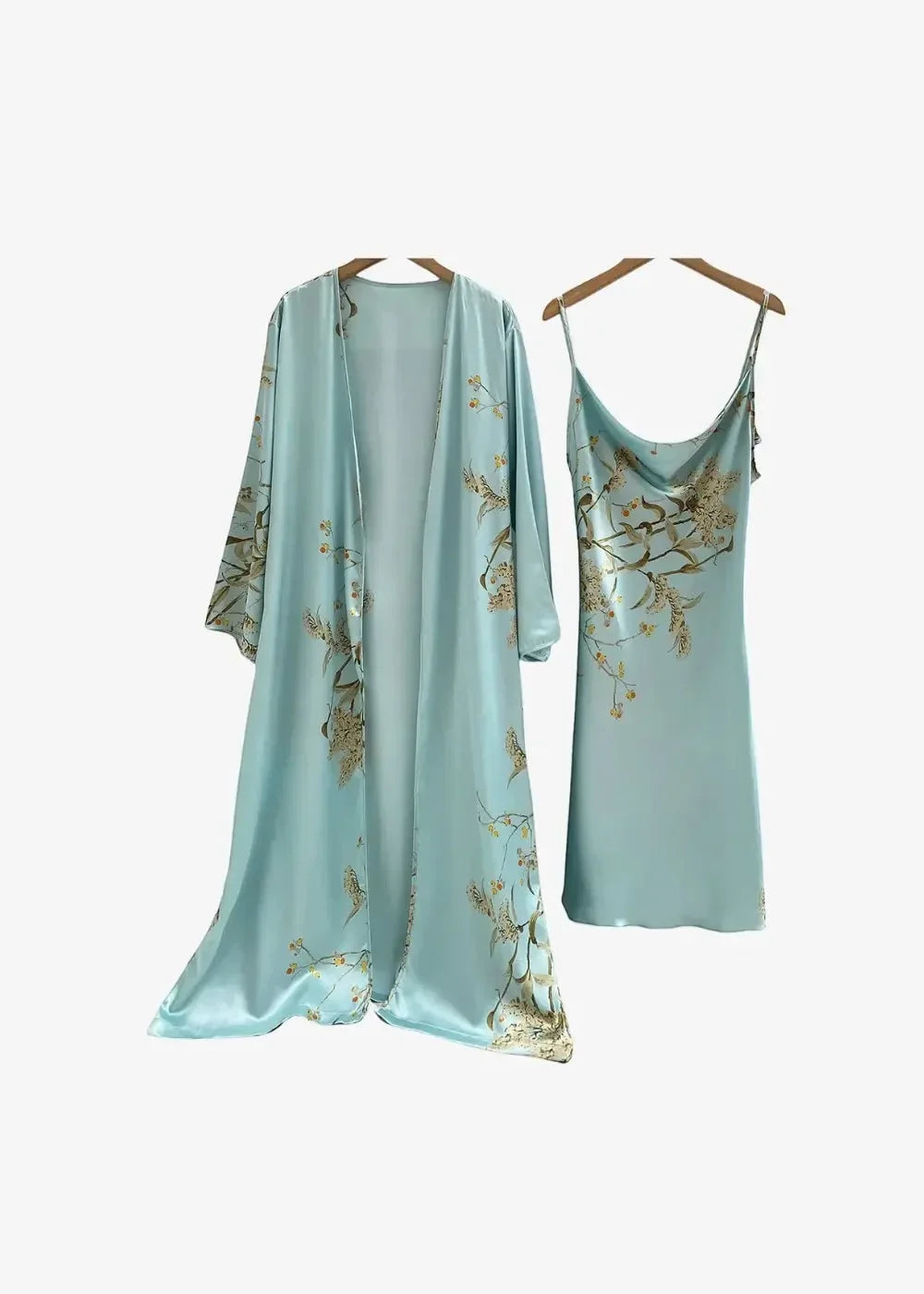 Floor length nightgown and robe set in light blue silk with gold floral embroidery on sleeves and hem