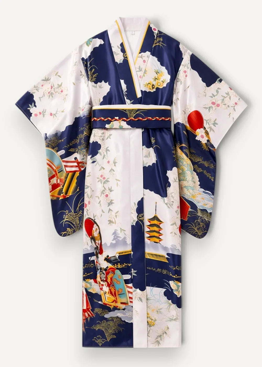 Floor length satin robe in navy blue and white with intricate gold red and green floral and traditional japanese prints