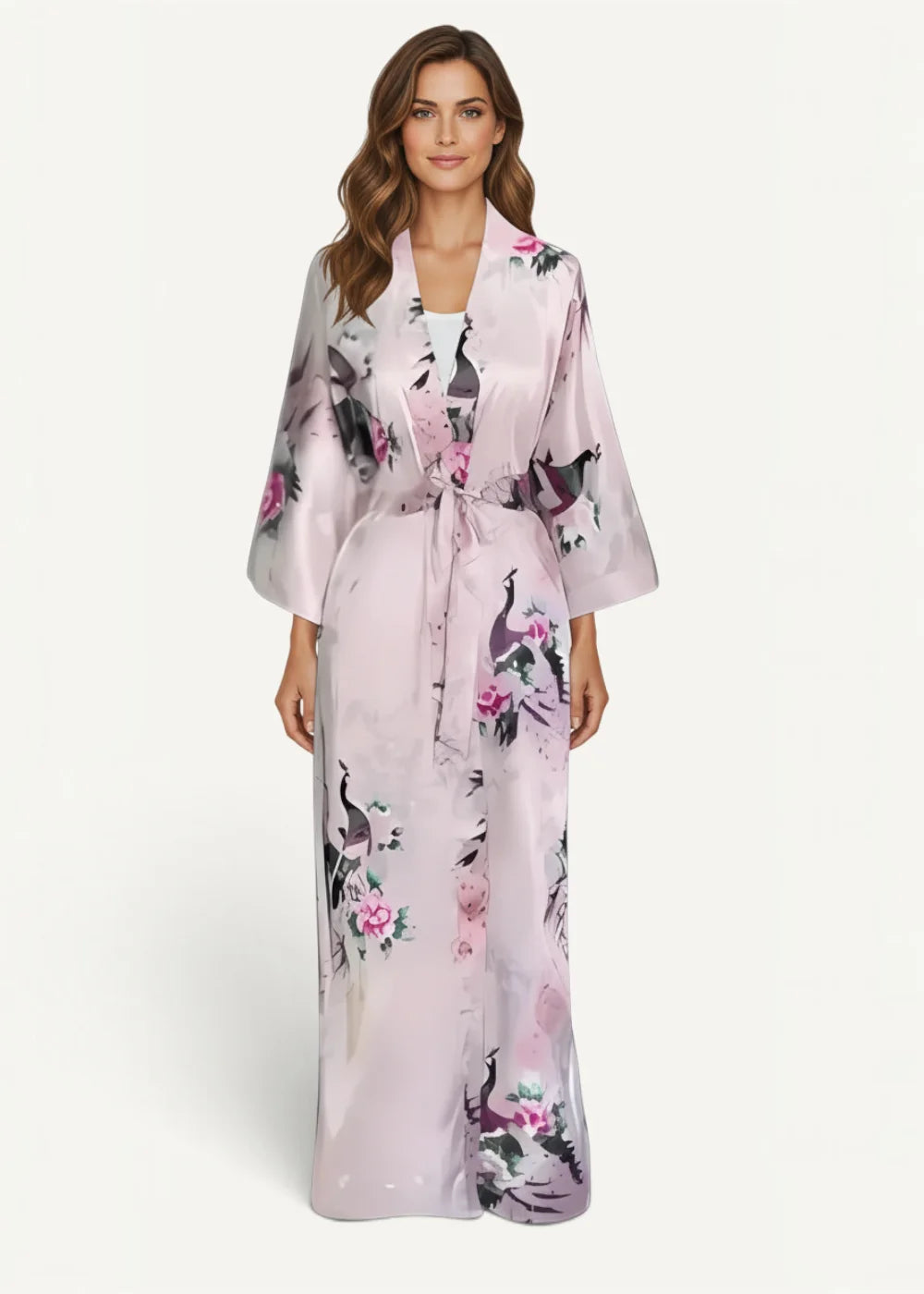 A floor length silk robe in light pink satin with black and magenta peacock and floral motifs