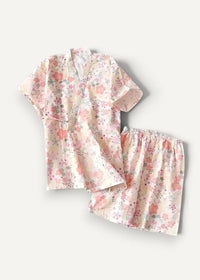Delicate pink floral cotton kimono pajamas with short sleeves and elastic waistband for comfortable sleepwear