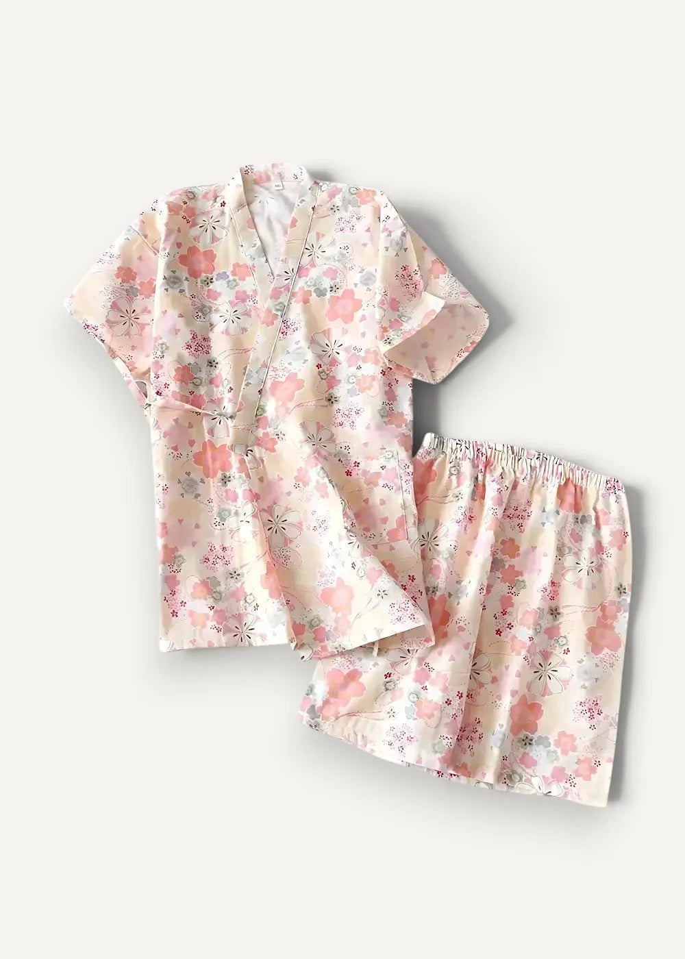 Delicate pink floral cotton kimono pajamas with short sleeves and elastic waistband for comfortable sleepwear