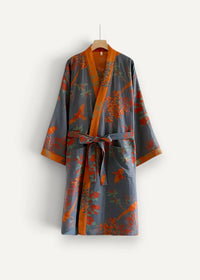 Floral cotton kimono robe in gray and orange silk with birds blossoms and matching belt