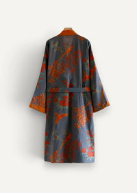Gray silk floral cotton kimono robe with vibrant orange and red bird and flower pattern and orange collar and cuffs