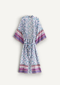 Floral cover up kimono in light blue and white floral print with purple pink and maroon trim on sleeves and hem