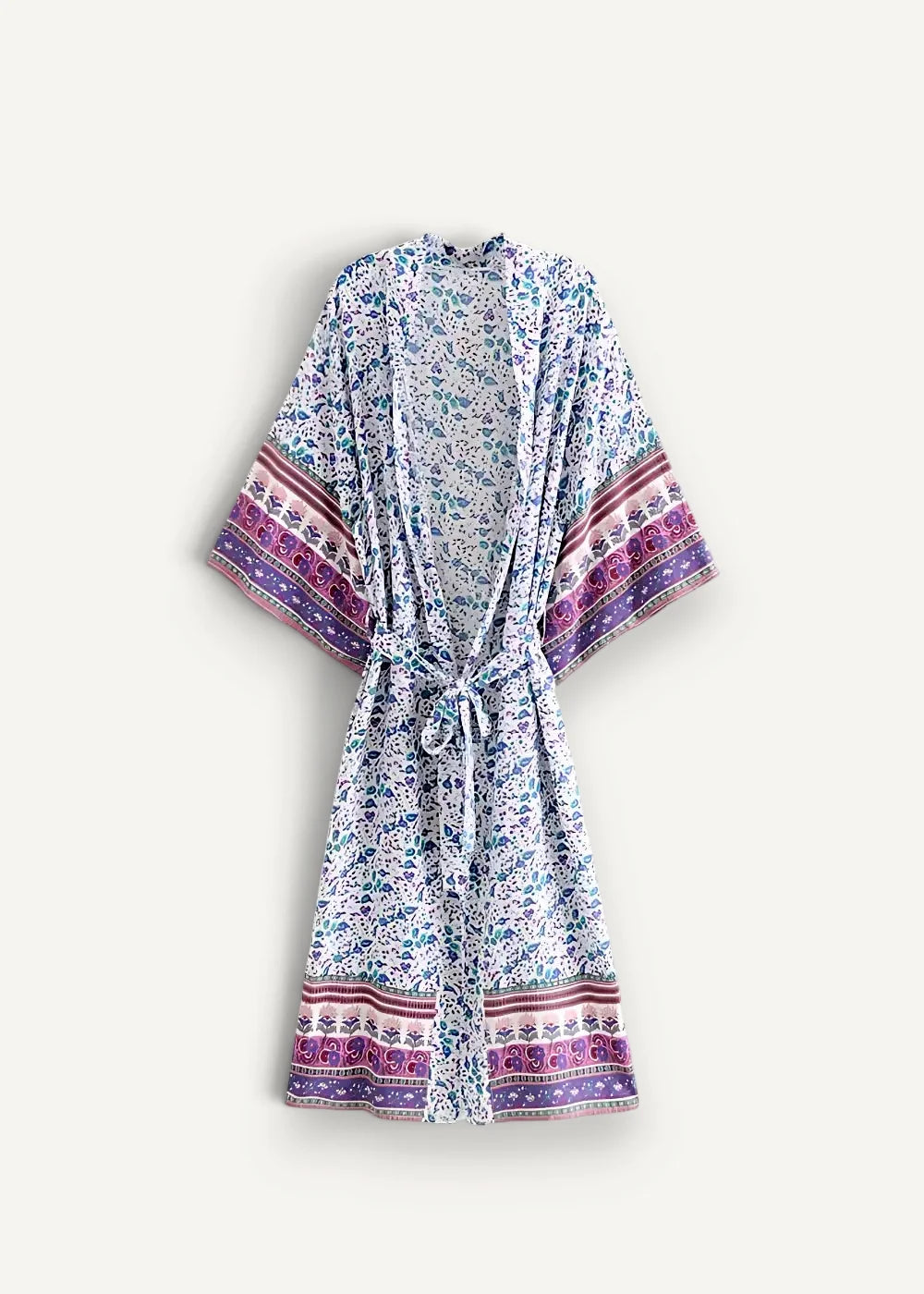Floral cover up kimono in light blue and white floral print with purple pink and maroon trim on sleeves and hem