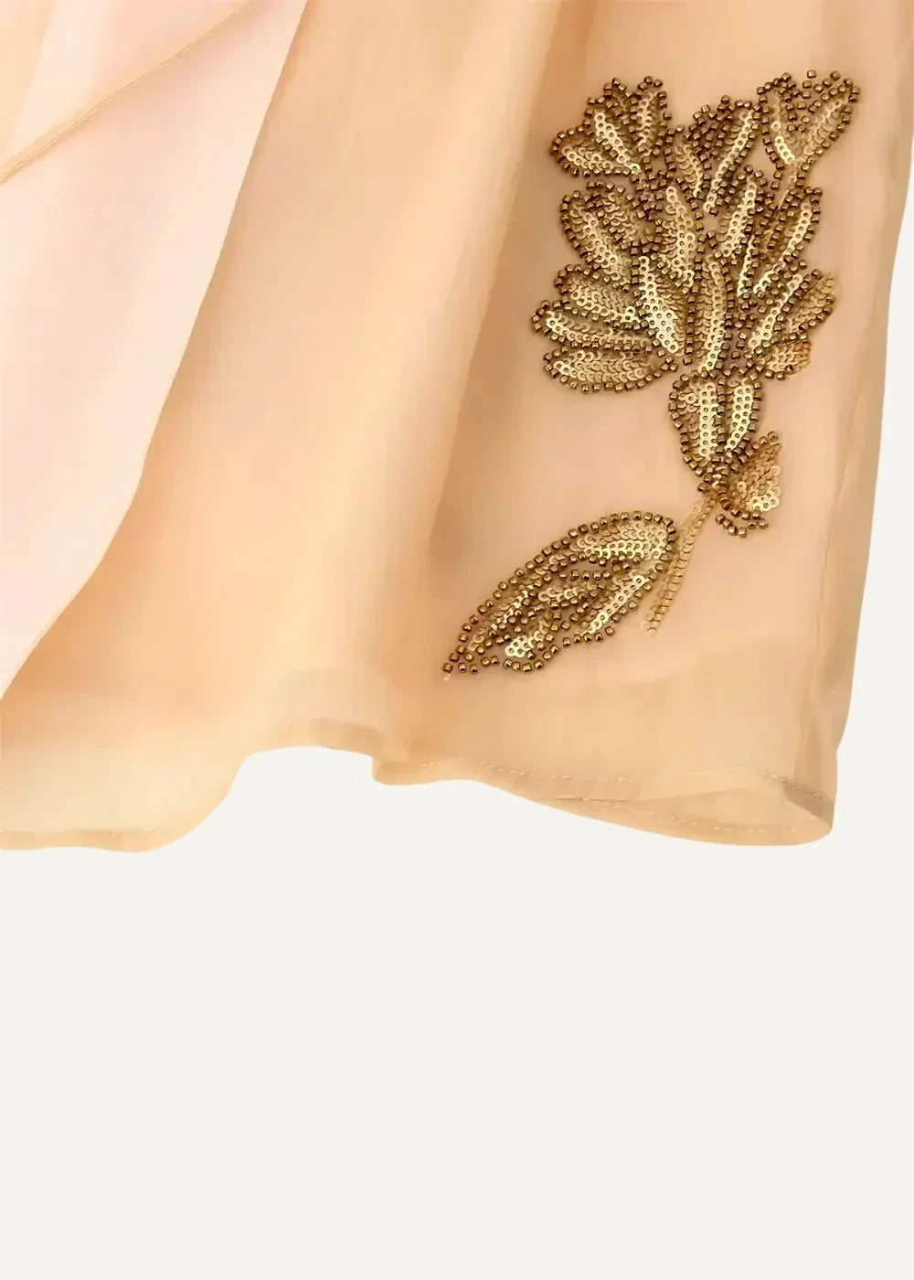 A floral embroidered kimono jacket in peach sheer fabric with intricate gold beaded floral embroidery design