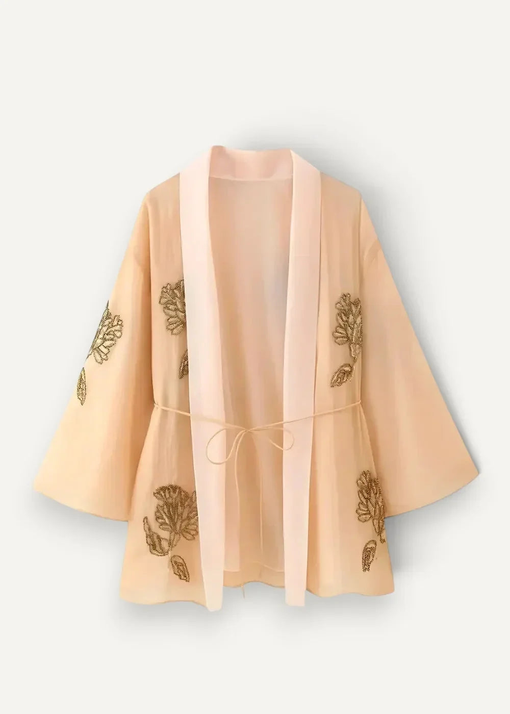 Peach-colored floral embroidered kimono jacket with gold detailing and matching tie belt in delicate fabric