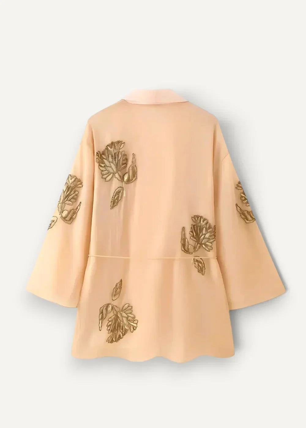 Floral embroidered kimono jacket in soft peach with delicate gold floral embroidery on sleeves and body