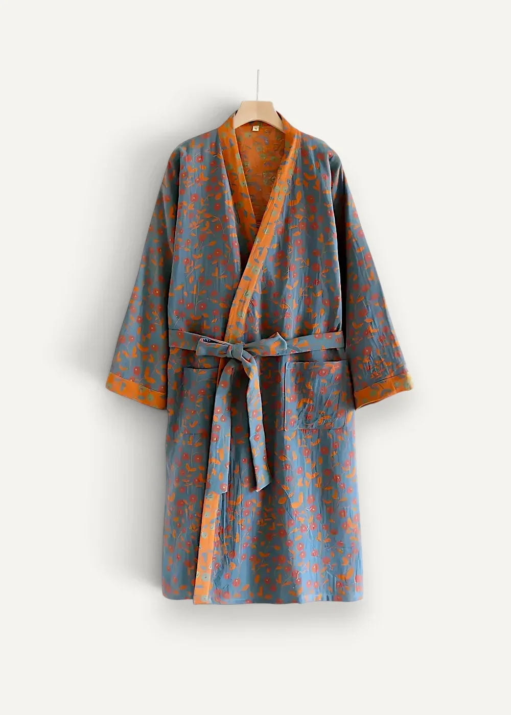 Floral kimono bathrobe soft blue and orange cotton with floral pattern and matching belt in traditional wrap design